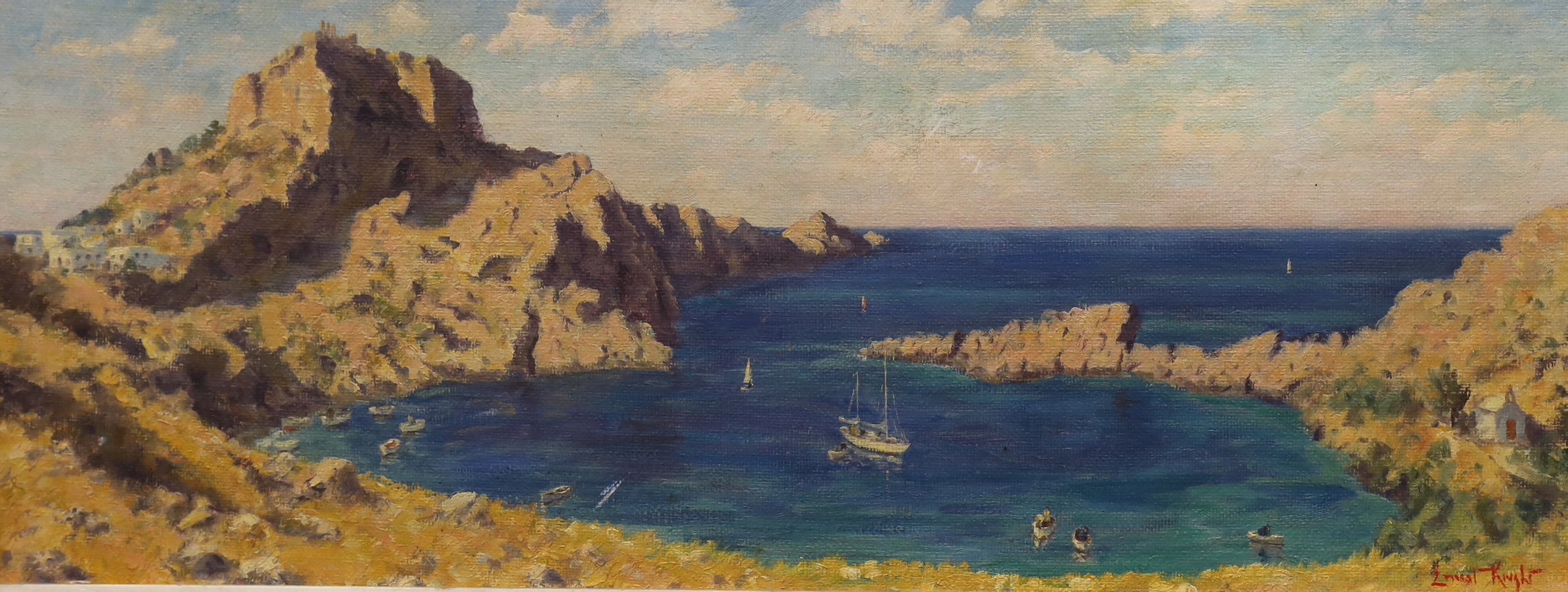 Ernest Knight (1915-1995), oil on board, 'St Paul's Bay, Lindos, Rhodes', signed, 32 x 83cm